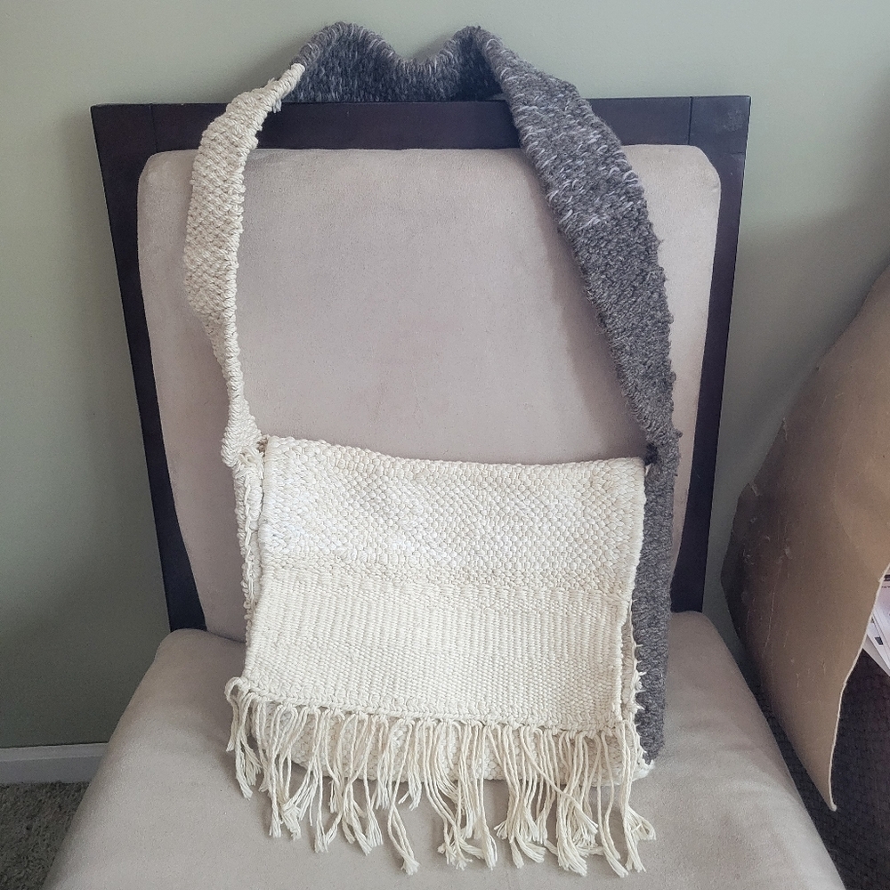 Handwoven Cream and Gray Fringe Shoulder Bag